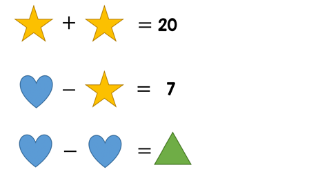 star + star = 20; heart + star = 7, heart + heart = triangle