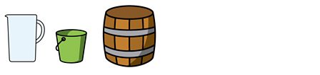 A clear jug, a bucket and a wooden barrel.