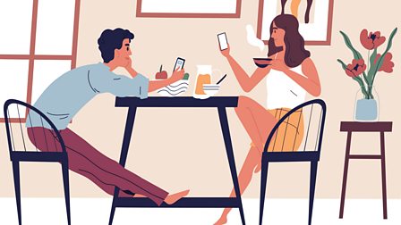 An illustration of a couple eating with their phones in their hands