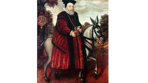 Image of William Cecil, Lord Burghley, wearing a red cape and riding a horse. 