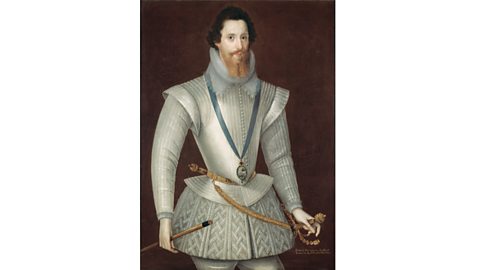 Image of Robert Devereux, Earl of Essex, who has a brown beard and a white frilled collar.