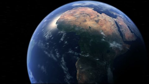 The Earth from space, tilted on its axis. Saharan and Sub-Saharan Africa visible. 