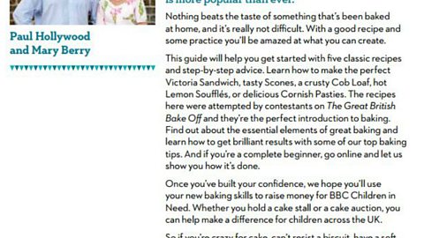 'Welcome' page by Paul Hollywood and Mary Berry from brochure to encourage people to bake produced by tv Food and tv Children in Need.