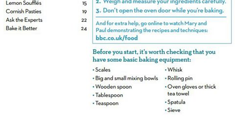 'Get started' page listing equipment required from brochure to encourage people to bake produced by tv Food and tv Children in Need.