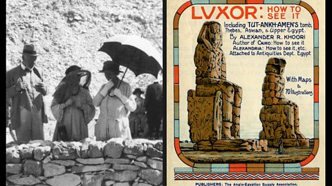 Left: A black and white photo of tourists visiting Egypt. Right: a tour poster from the 1920's advertising trips to Luxor in Egypt.