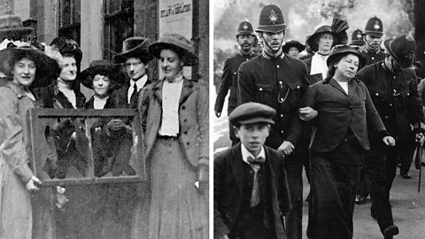 a split screen photograph. The left photo shows a group of suffragettes holding a window that had been broken during a protest. The right photo shows a suffragette being arrested. 