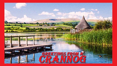 Postcard of a  thatched dwelling set on a man made island. 