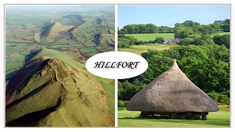 Photograph showing a settlement of roundhouses on top of a hill. 