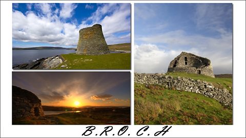 Picture showing three photographs of celtic brochs, small, circular buildings made of stone. 