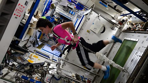 An astronaut is weighted down to a treadmill by chains connected to her waist.