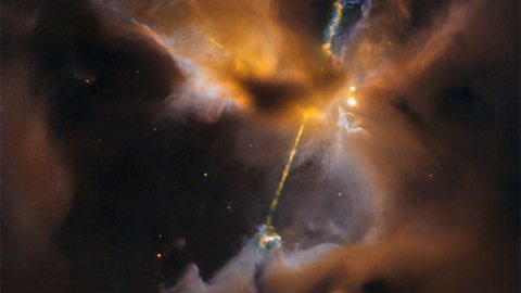 This infrared image shows plumes of material being ejected by a new-born star.  Distant stars at various stages of their lives tell us about the past and future of our own Sun.