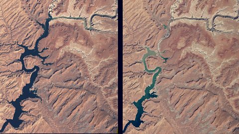 Drought: The Lake Powell reservoir in Utah, USA, shown at full capacity in 1999, and then at 42% capacity in 2015.