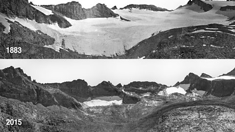 Glacial melt: These images were taken 132 years apart from the same place on Lyell Glacier in California, They show the gradual but distinct change in ice coverage.