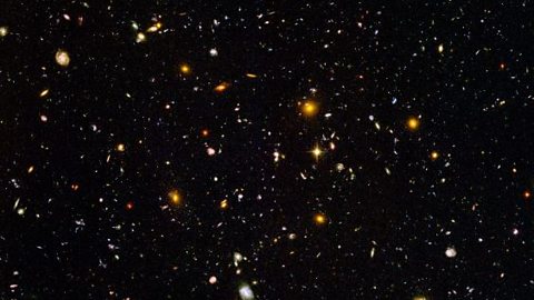 The Hubble Space Telescope was launched in 1990 and has since produced high resolution images of space. This image is a minute fraction of the night sky where each dot is not a star, but a galaxy.