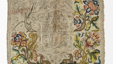 A needlework panel reputedly saved from the Great Fire of London © Museum of London