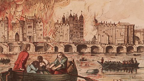 The Great Fire on London Bridge - People take to the water in small boats to escape the fire near London Bridge