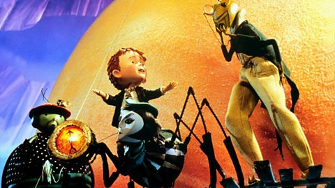 Still from the James and the Giant Peach film, showing James and his insect companions. 