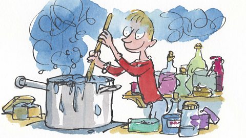 Illustration from George's marvellous medicine. George is stirring a saucepan with bottles of medicine strewn about him. 