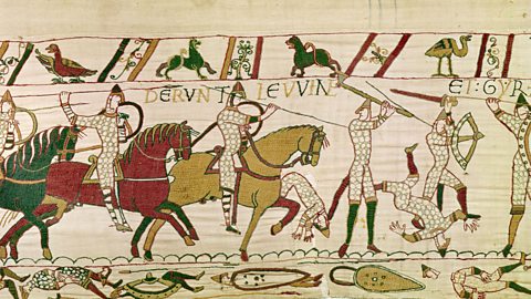 Mounted Norman soldiers are depicted killing Anglo-Saxon troops