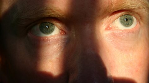 Extreme close of of a face with shdows across the nose and eyes.