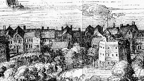 A contemporary engraving showing the Globe theatre on Bankside in London