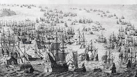 An engraving showing the battle with the Spanish Armada