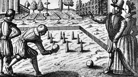 An engraving showing a game of bowls