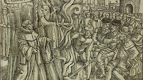 An engraving showing the execution of Archbishop Cranmer at the stake in 1556