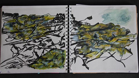 Sketchbook showing landscape drawings in black and a range of green felt tip pens