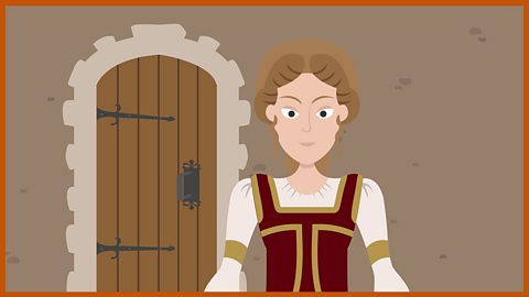 Lady Bercilak stands in front of a wooden door.