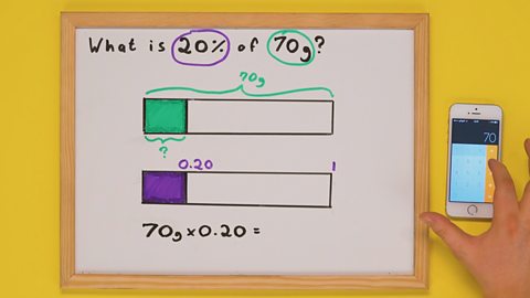 Someone using a calculator on their phone next to the whiteboard with two shaded bars on it