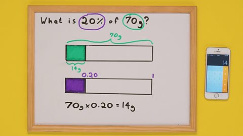 A calculator next to a whiteboard with two shaded bars on it