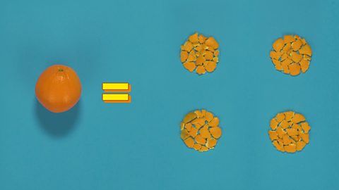 A diagram showing how an orange equals four circles filled with orange peel