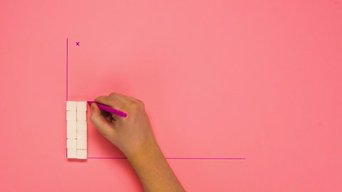 Someone arranging two stacks of 6 cubes on the right hand side of the vertical line