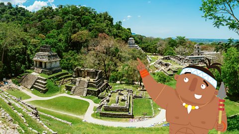 Modern day Palenque being pointed out by a Maya character