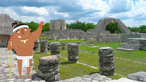 Maya character pointing out Modern day Mayapan