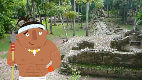 Maya character pointing out modern day Copan.