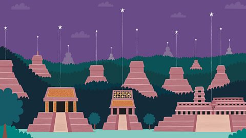 Animated image of a Maya city in the night time under the stars. 