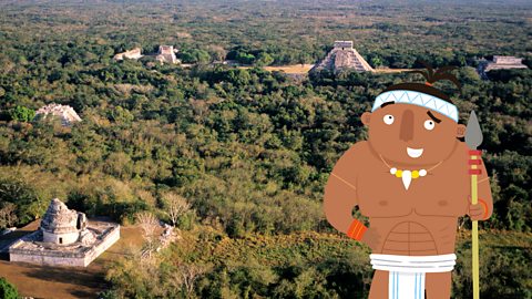 Chichen Itza being pointed out by a Maya warrior