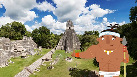 A Maya warrior giving thumbs up in the city of Tikal