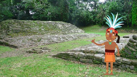 A cartoon figure of a Maya looking out on to a real photographic image of a Maya ball court in Yaxchilan