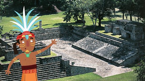 A cartoon figure of a Maya looking out on to a real photographic image of a Maya ball court in Copan