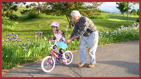 An image of a elderly person helping a young child ride a bike.