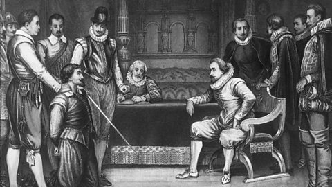 Guy Fawkes being questioned by the King.