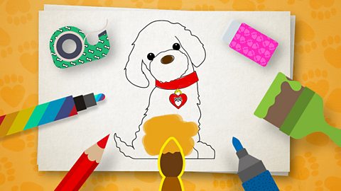 Create a colouring page of a dog. the background must be white and the dog  drawing lines must be black, there must be enough white space to colour in  the dog. only