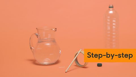 Step-by-step guide showing a jug of water, plastic bottle, sticky tape and a pencil.