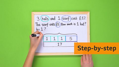 A whiteboard with a maths problem and a step by step graphic next to it