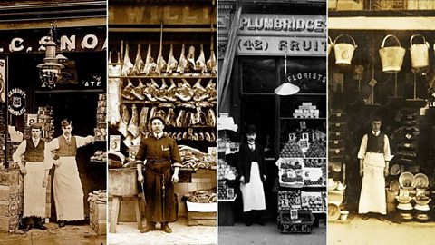 A montage of shopkeepers selling meat, groceries and vegetables in the early 1900s