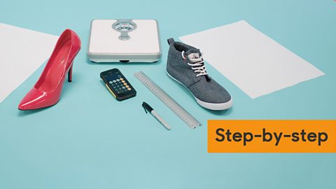 Step-by-step guide showing weighing scales, calculator, ruler, pen, trainer, stiletto shoe and a piece of paper.