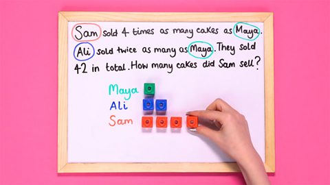 Sam sold four times more than Maya, so give him 4 cubes.